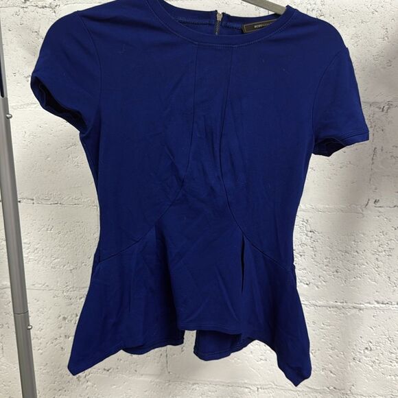 BCBGMaxAzria Blue Asymmetrical Peplum Blouse Zip Back - Size XXS - Like NEW - Picture 2 of 4